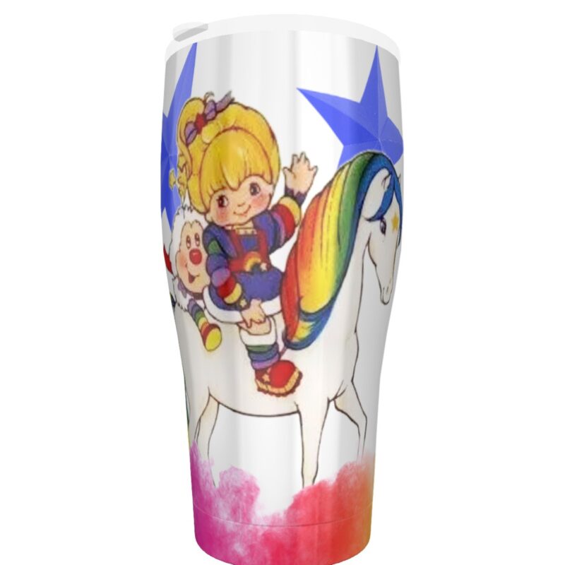 Rainbow Dream Rider 30oz Cone Tumbler featuring a whimsical unicorn and character design for hot or cold beverages.