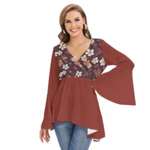 A flowy boho blouse from the Blooming Ember Collection with bell sleeves, a maroon floral print bodice, and an asymmetrical hem for a modern, flattering style.