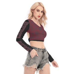 Rebel long-sleeve crop top in burgundy and black with script sleeve detailing, stylish and edgy design