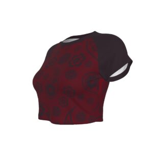 Sweetly Sinister paisley crop top with crimson and black all-over print design and raglan sleeves.