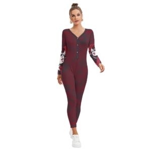 Sweetly Sinister plunging neck jumpsuit featuring Demon Darling sleeve graphics, body-hugging fit, and dark red tones.