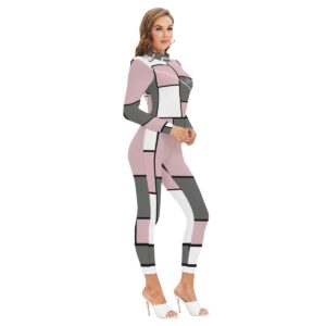 A long-sleeve geometric jumpsuit in pink, white, and charcoal tones from the Gridline Dreams Collection. Sleek, bold, and modern for all-day comfort and style.