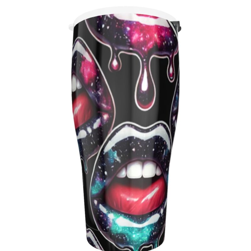 Bold 30oz Galaxy Drip Cone Tumbler with cosmic colors and red lips design, perfect for hot or cold drinks.