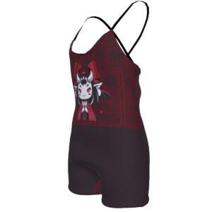 Sweetly Sinister Demon Darling romper with deep red tones, adjustable straps, and playful dark graphic.