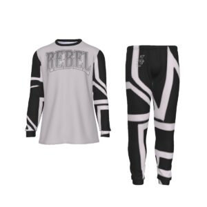 A monochrome matching set featuring a long-sleeve top with 'Rebel' typography and black and white joggers with bold geometric accents. Designed with breathable fabric for comfort and modern style.