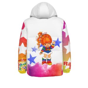 Rainbow Rider Puffer Jacket featuring a cheerful character and unicorn design with a colorful gradient background