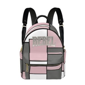 A stylish mini backpack featuring a geometric block design in pink, white, black, and gray. The bag has adjustable black straps, gold-tone hardware, and a spacious main compartment with a zippered front pocket. Perfect for carrying your essentials while keeping it chic and modern.