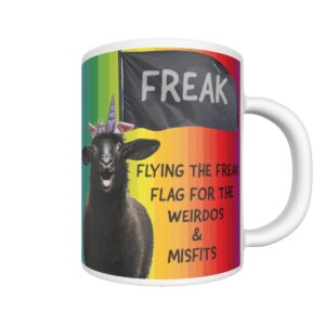 Freak Flag 11oz Ceramic Mug featuring a rainbow background, black sheep with a unicorn horn, and empowering 'Weirdos & Misfits' message