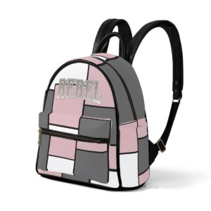 A stylish mini backpack featuring a geometric block design in pink, white, black, and gray. The bag has adjustable black straps, gold-tone hardware, and a spacious main compartment with a zippered front pocket. Perfect for carrying your essentials while keeping it chic and modern.