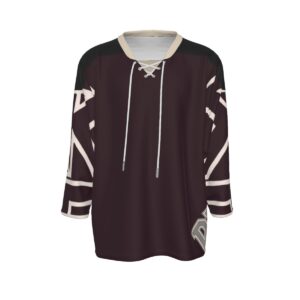 An oversized hockey jersey from the Plasma Haze Collection featuring bold geometric patterns in deep maroon and neutral tones.