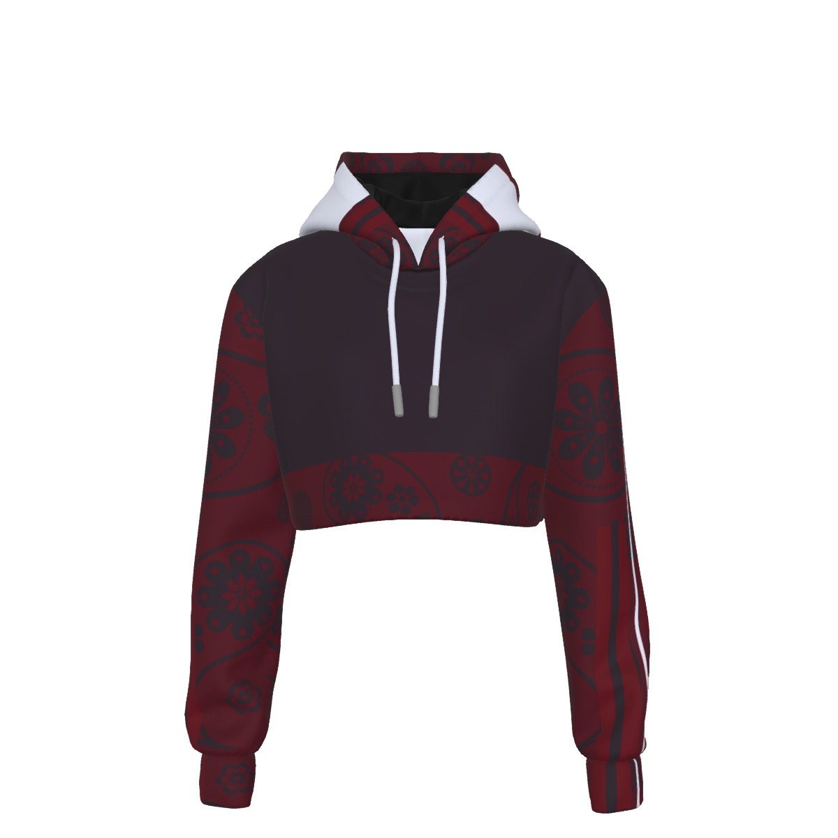 Sweetly Sinister cropped hoodie with dark paisley print, deep crimson and black tones, and drawstring hood
