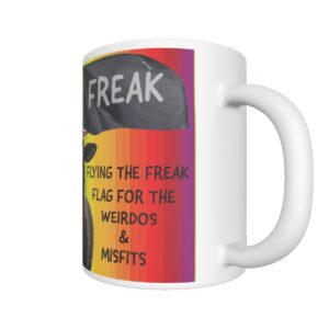 Freak Flag 11oz Ceramic Mug featuring a rainbow background, black sheep with a unicorn horn, and empowering 'Weirdos & Misfits' message