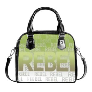 A stylish PU leather satchel with "Rebel Pulse" green gradient design and detachable shoulder strap.