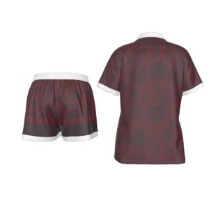 Sweetly Sinister lounge set featuring Demon Darling graphic print, crimson and black tones, button-up top, and drawstring shorts.