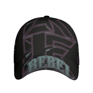 A baseball cap featuring a bold abstract design in deep burgundy and teal, with the word 'Rebel' displayed prominently on the front. The cap includes an adjustable strap for a comfortable fit, combining streetwear style with practicality.