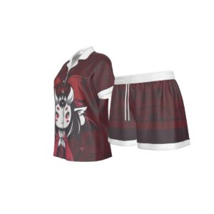 Sweetly Sinister lounge set featuring Demon Darling graphic print, crimson and black tones, button-up top, and drawstring shorts.