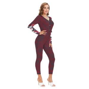 Sweetly Sinister plunging neck jumpsuit featuring Demon Darling sleeve graphics, body-hugging fit, and dark red tones."