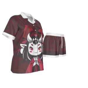 Sweetly Sinister lounge set featuring Demon Darling graphic print, crimson and black tones, button-up top, and drawstring shorts.