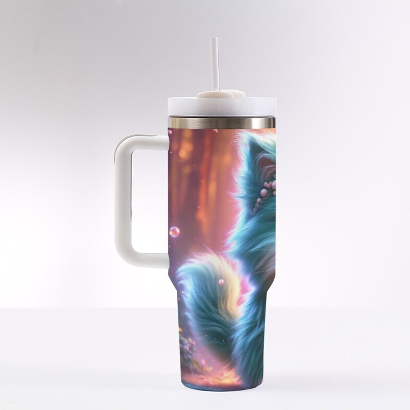 This tumbler features a teal-colored kitten in a floral crown blowing a bubblegum bubble, set against a soft glowing woodland background. The vibrant design and durable construction make this the perfect gift for cat lovers and anyone who enjoys a quirky, fun aesthetic in their drinkware.