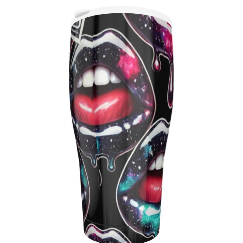 Bold 30oz Galaxy Drip Cone Tumbler with cosmic colors and red lips design, perfect for hot or cold drinks.