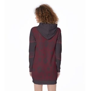 Sweetly Sinister hoodie dress with crimson and black dark paisley print, oversized fit, and kangaroo pocket.