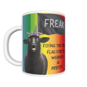 Freak Flag 11oz Ceramic Mug featuring a rainbow background, black sheep with a unicorn horn, and empowering 'Weirdos & Misfits' message