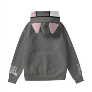 A hoodie featuring a geometric block design in pink, white, black, and gray. The hood includes adorable cat ears, and the sleeves feature bold graphic details, blending cute and edgy elements in a cozy, modern fit.