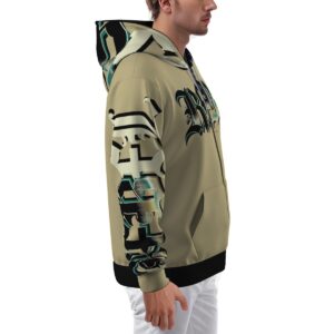 A beige zip-up hoodie with bold 'Rebel' typography across the chest and camo-inspired accents on the sleeves. The hoodie features a black zipper, cuffs, and hem for contrast. Designed for comfort and style, it’s perfect for casual streetwear looks.