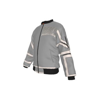 A bomber jacket with a grey base, bold white geometric accents, and oversized 'Rebel' typography. The jacket features ribbed cuffs and hem, a front zip closure, and a lightweight fabric design.