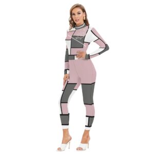 A long-sleeve geometric jumpsuit in pink, white, and charcoal tones from the Gridline Dreams Collection. Sleek, bold, and modern for all-day comfort and style.