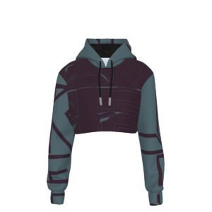 A stylish drop-shoulder crop hoodie with a bold geometric design in deep teal and black hues. The hoodie features a drawstring hood, rib-knit cuffs, and a cropped length that blends comfort with edgy streetwear vibes. Perfectly tailored with soft scuba fabric, this hoodie radiates confidence and rebellious energy, making it a standout piece for casual wear or making a bold statement.