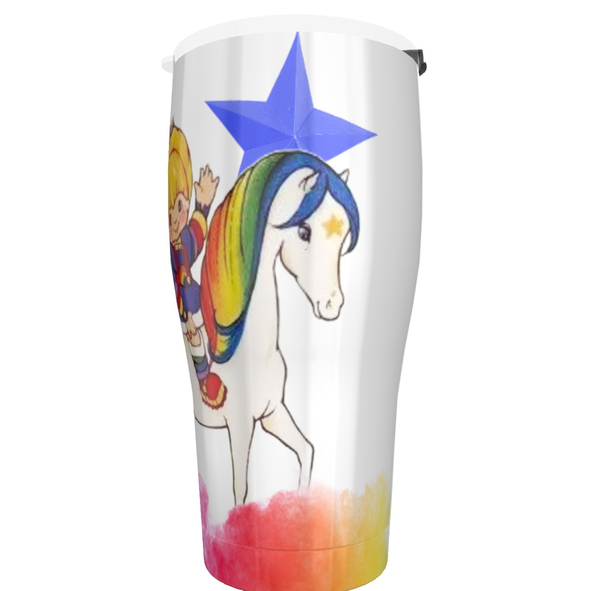 Rainbow Dream Rider 30oz Cone Tumbler featuring a whimsical unicorn and character design for hot or cold beverages.