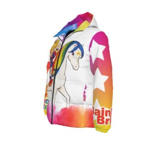 Rainbow Rider Puffer Jacket featuring a cheerful character and unicorn design with a colorful gradient background