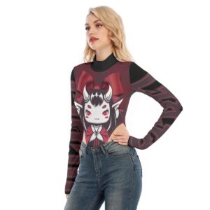 Sweetly Sinister women's turtleneck jumpsuit featuring a demon character design with bold black and red all-over print.