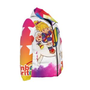 Rainbow Rider Puffer Jacket featuring a cheerful character and unicorn design with a colorful gradient background