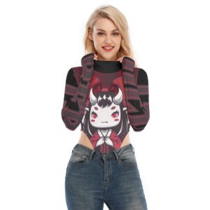 Sweetly Sinister women's turtleneck jumpsuit featuring a demon character design with bold black and red all-over print.