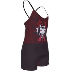 Sweetly Sinister Demon Darling romper with deep red tones, adjustable straps, and playful dark graphic.