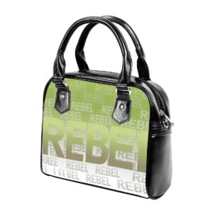 A stylish PU leather satchel with "Rebel Pulse" green gradient design and detachable shoulder strap.