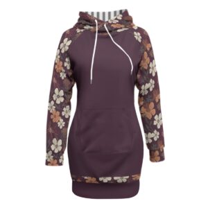 A plum-colored hoodie dress from the Blooming Ember collection, featuring floral-patterned sleeves and hem. Stylish, comfortable, and perfect for all seasons.