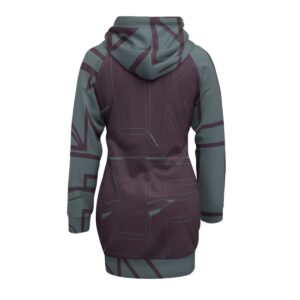 A bold and stylish hoodie dress with a geometric design in deep teal and plum. Featuring long raglan sleeves, a drawstring hood, and a flattering mid-thigh length, this piece blends comfort and edgy streetwear style. Perfect for layering or rocking solo for any casual occasion.