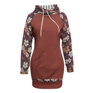 A rust-toned hoodie dress from the Blooming Ember collection, highlighted with floral-patterned sleeves and hem. A perfect blend of comfort and style for any occasion.