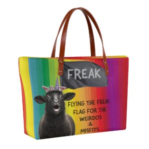 Freak Flag Rainbow Women's Tote Bag with vibrant rainbow gradient, black sheep unicorn graphic, and bold empowering text.