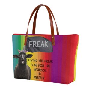 Freak Flag Rainbow Women's Tote Bag with vibrant rainbow gradient, black sheep unicorn graphic, and bold empowering text.