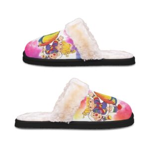 Rainbow Rider Cozy Slippers with faux-fur lining and colorful unicorn and character design.