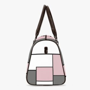 A chic duffel bag with a blush, white, and gray geometric design, featuring sturdy leather handles, an adjustable shoulder strap, and the bold 'REBEL' logo. Perfect for weekend getaways or gym trips, combining style and practicality in one must-have bag