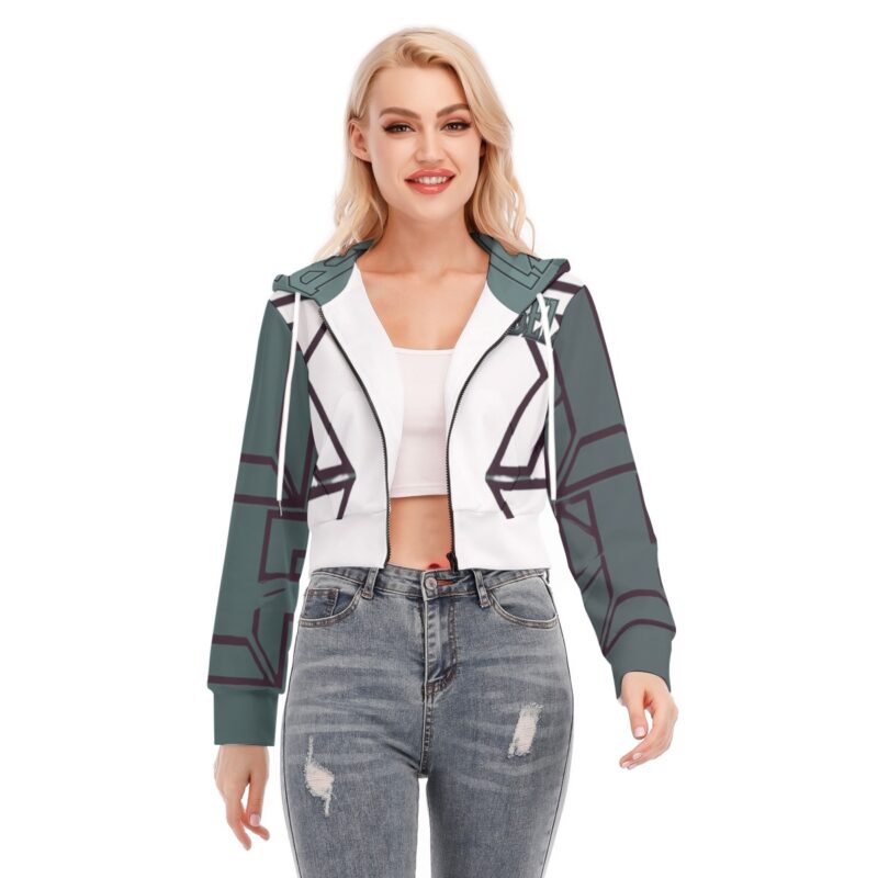 A cropped hoodie with a geometric block design in green, white, and black. The hoodie features a flattering cropped fit, long sleeves, and soft, breathable fabric. Part of the Rebel Move collection, it’s perfect for layering or rocking a bold, modern look.