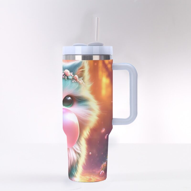 This tumbler features a teal-colored kitten in a floral crown blowing a bubblegum bubble, set against a soft glowing woodland background. The vibrant design and durable construction make this the perfect gift for cat lovers and anyone who enjoys a quirky, fun aesthetic in their drinkware.