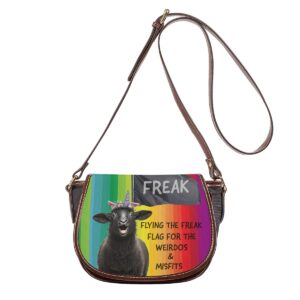 Freak Flag Rainbow Tambourin Bag with Single Strap featuring vibrant design, black sheep unicorn graphic, and empowering text.