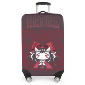 A crimson suitcase cover featuring a playful demon-inspired design with white horns, bat wings, and a red bow. The word 'REBEL' is printed at the top in bold text. The cover is stretchy and snug, protecting your suitcase from scratches and impacts while adding an edgy, stylish flair.