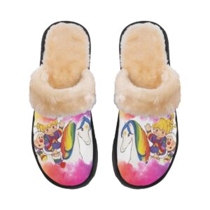 Rainbow Rider Cozy Slippers with faux-fur lining and colorful unicorn and character design.